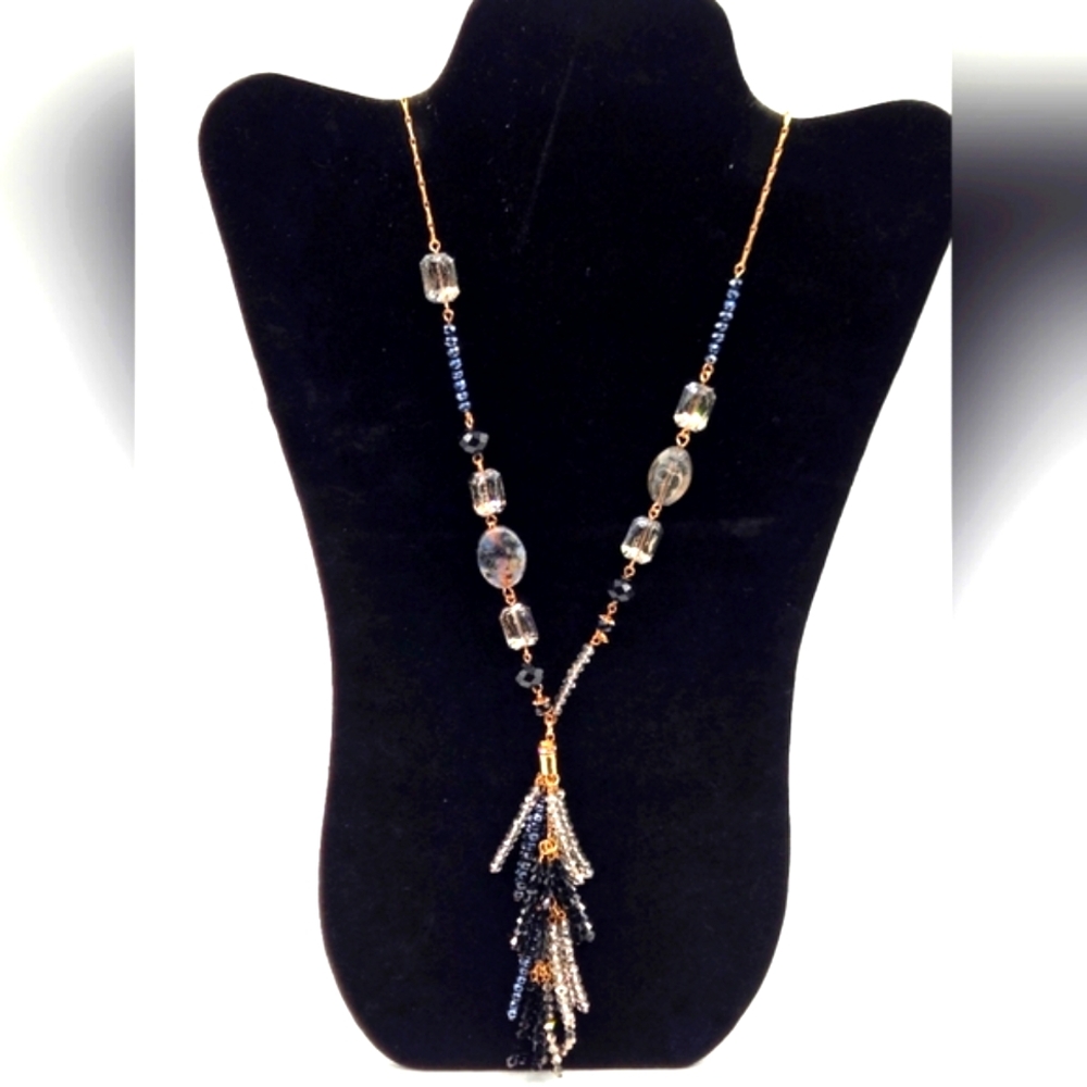 THE LIMITED Vintage Long Beaded Necklace Black Gold Clear w/ Tassle of Beads